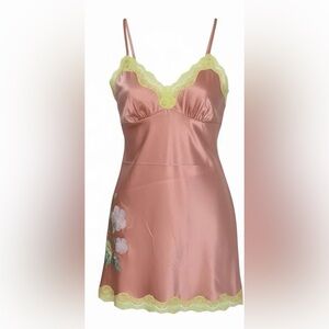 Gold Hawk Silk Embroidered Chemise (Coral) Satin Chemise with Lemon Lace Trim